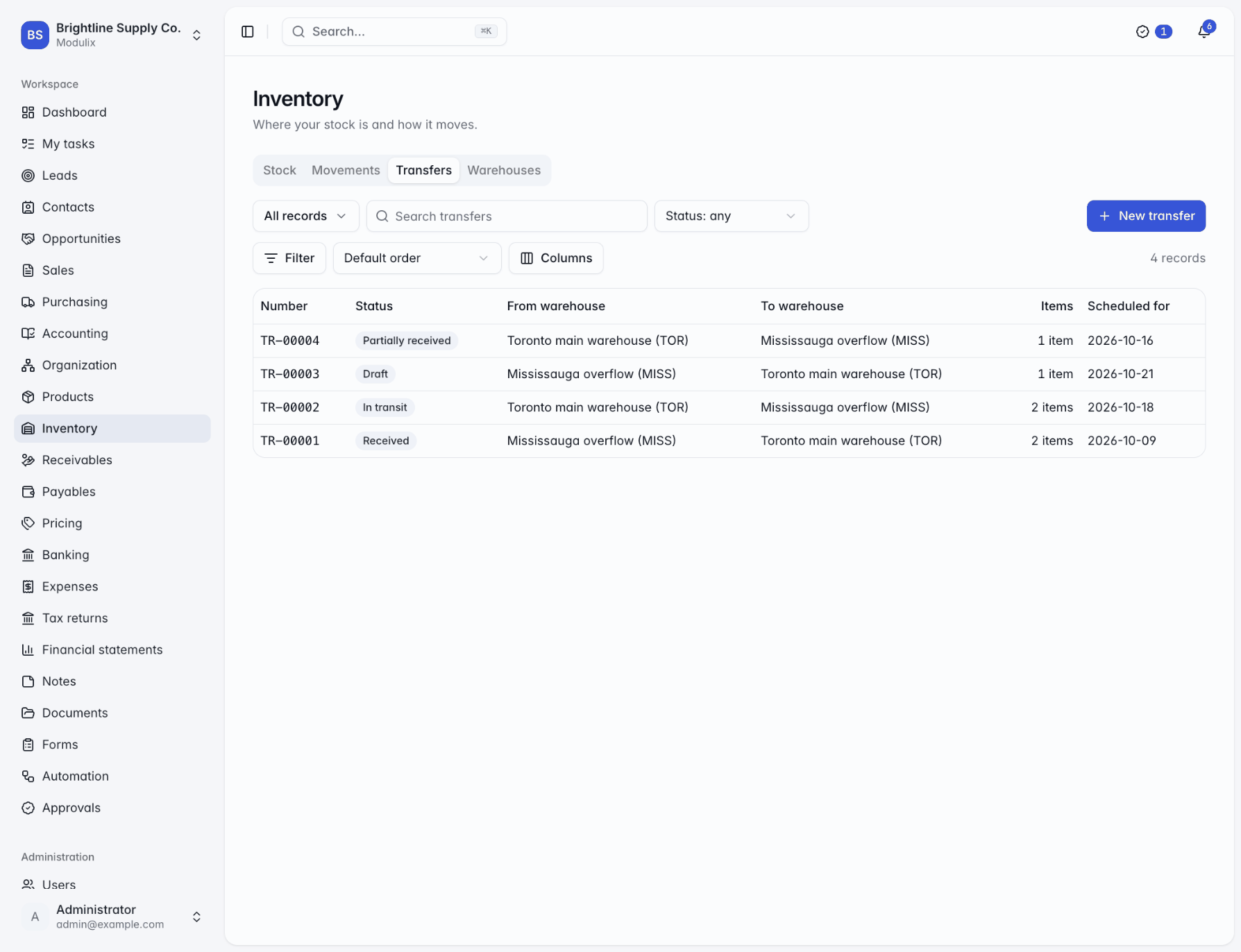 The Transfers tab of Inventory listing transfers with number, status, from and to warehouses, item count and scheduled date