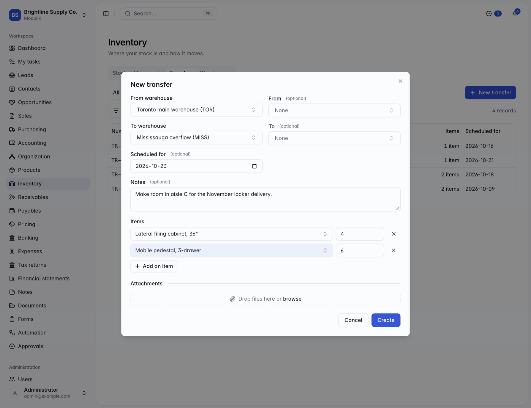 The New transfer dialog with from and to warehouses, a scheduled date and item lines with quantities