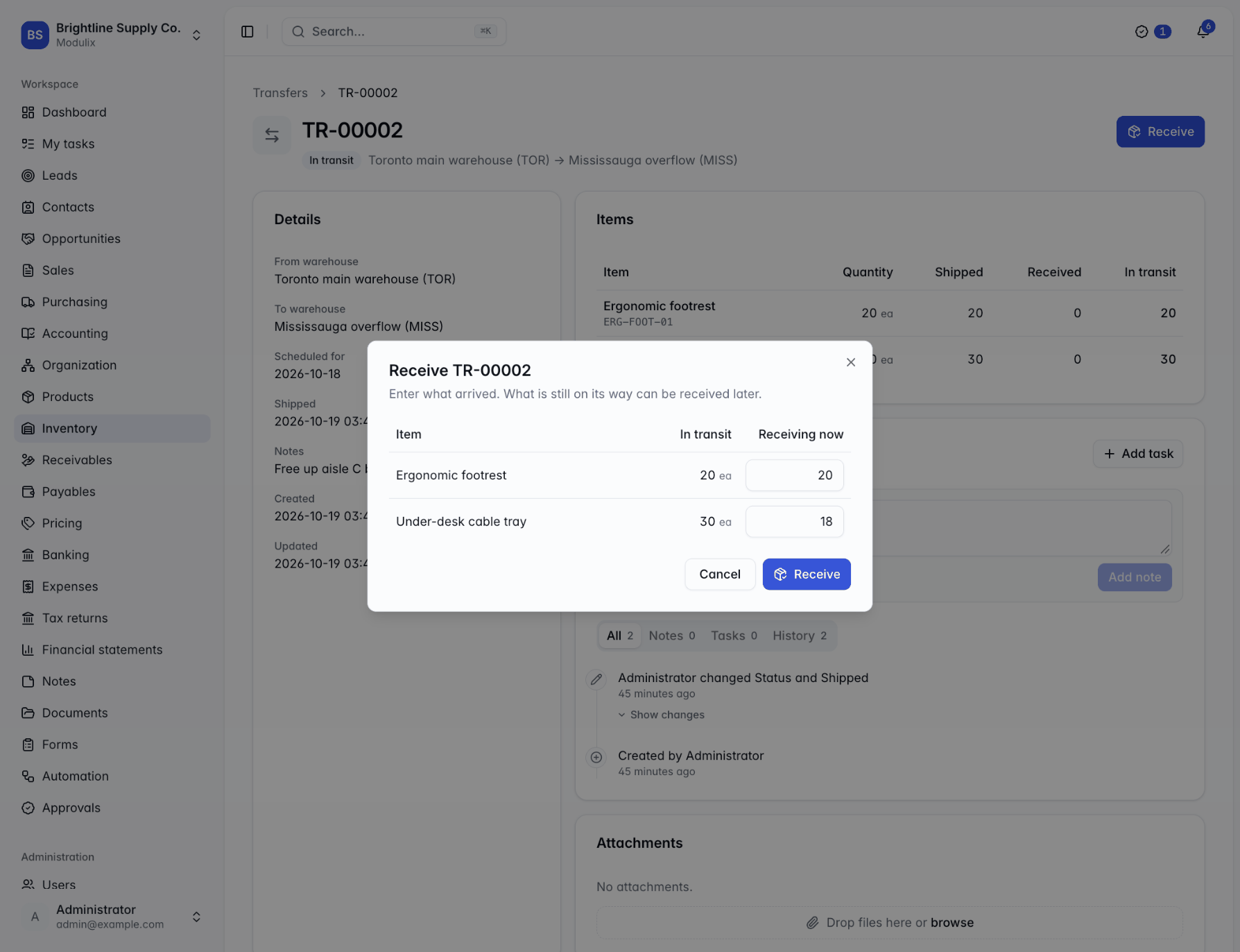 The Receive dialog of a transfer with items, their in-transit quantities and the quantities being received now