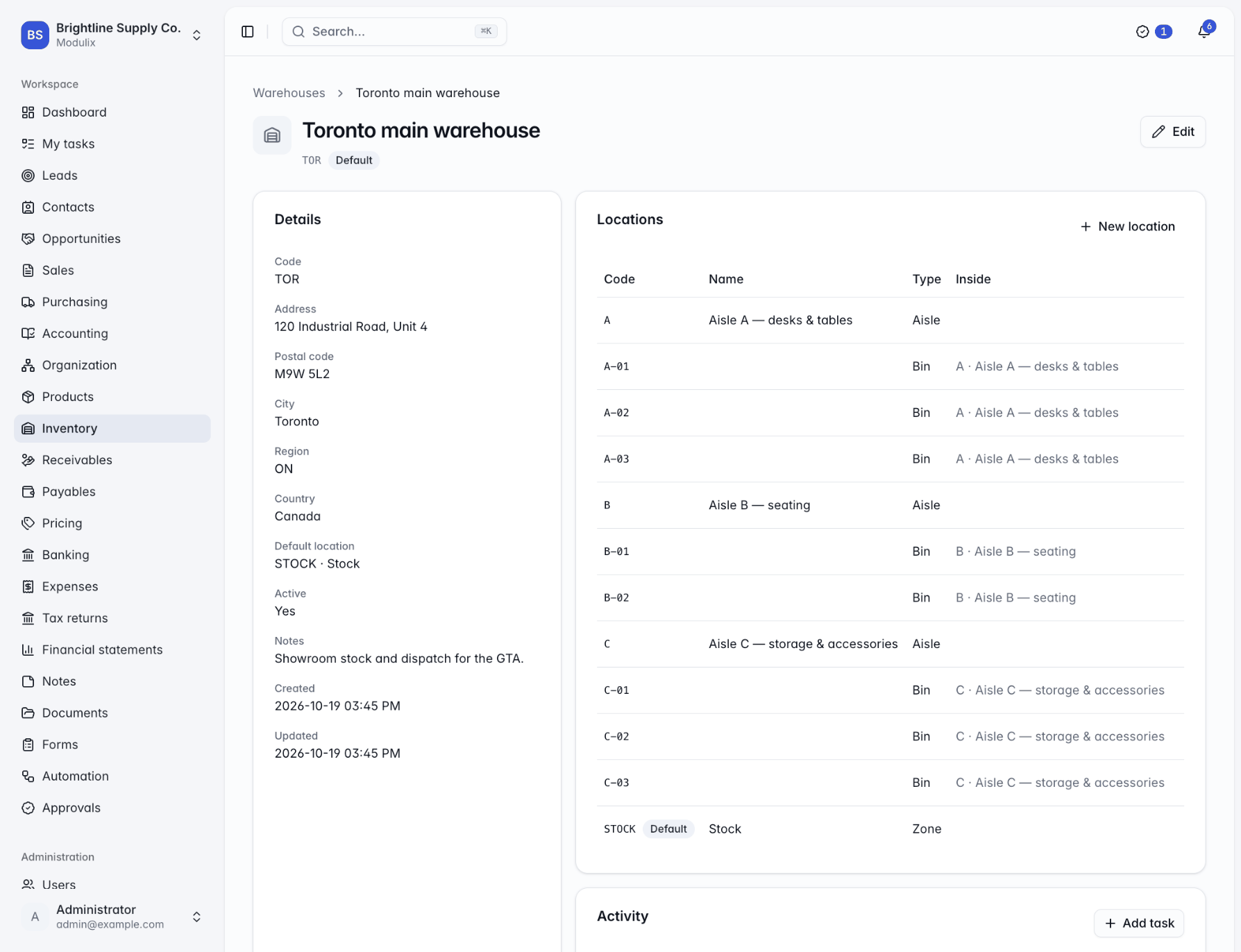 A warehouse page showing its details card and a Locations table with codes, names, types and parent locations