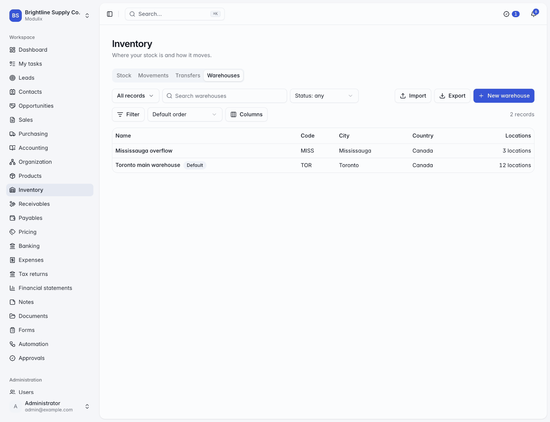 The Warehouses tab of Inventory listing warehouses with a Default badge, code, city, country and number of locations