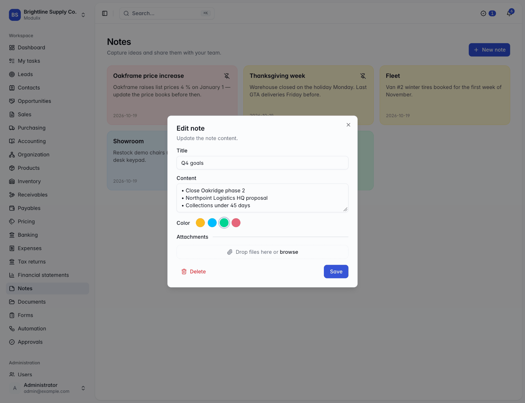 The Edit note dialog with title, content, color dots and an attachments section