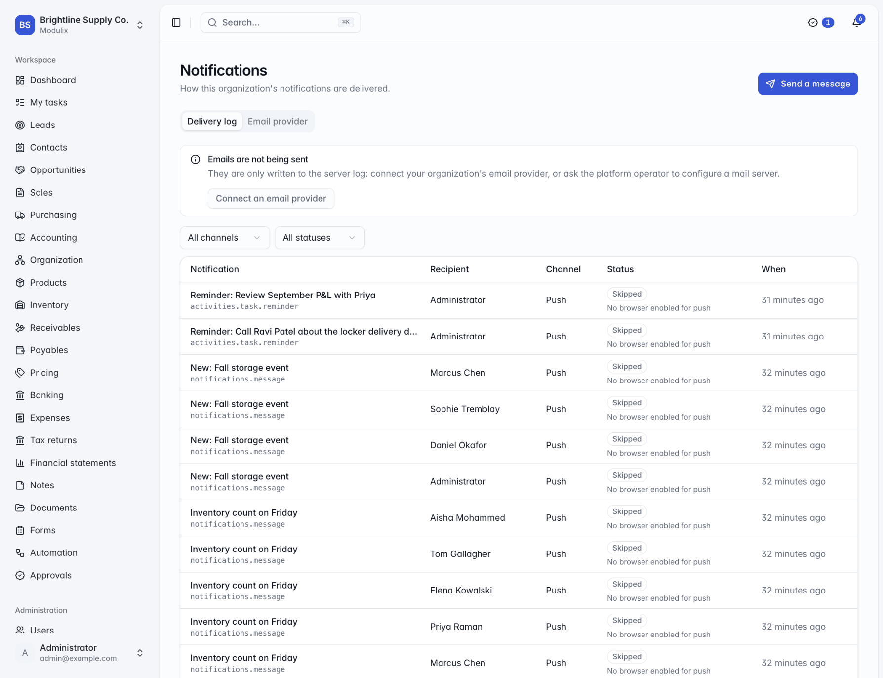 The Delivery log tab listing email and push deliveries with recipients, providers, statuses and times