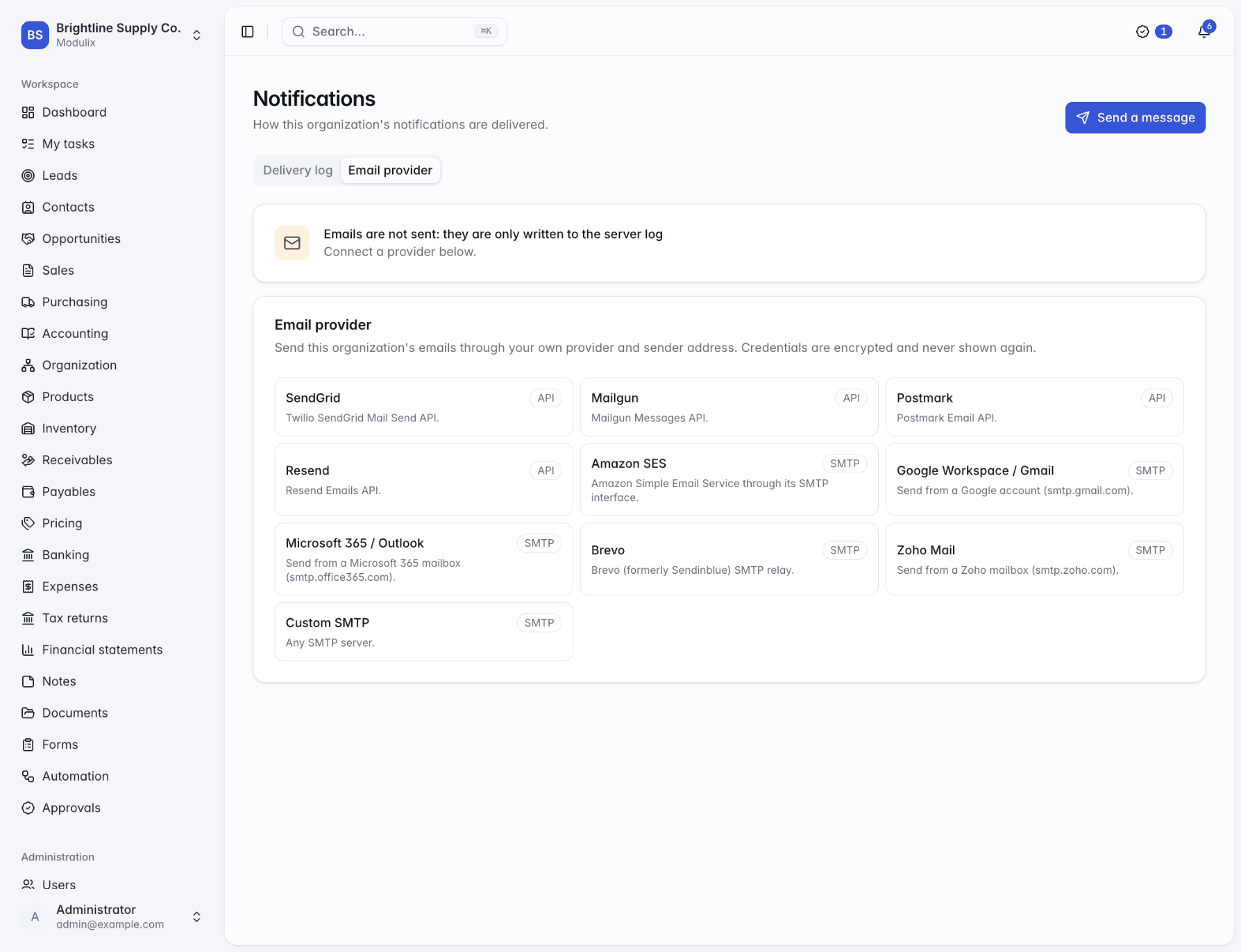 The Email provider tab with the list of providers to choose from