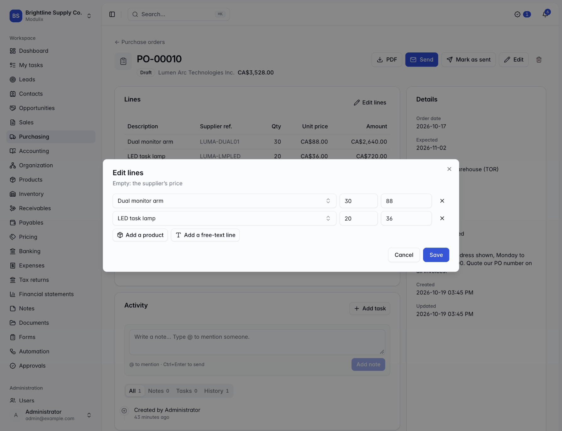 The Edit lines dialog of a draft purchase order with product lines, quantities and empty unit prices showing the supplier's price hint