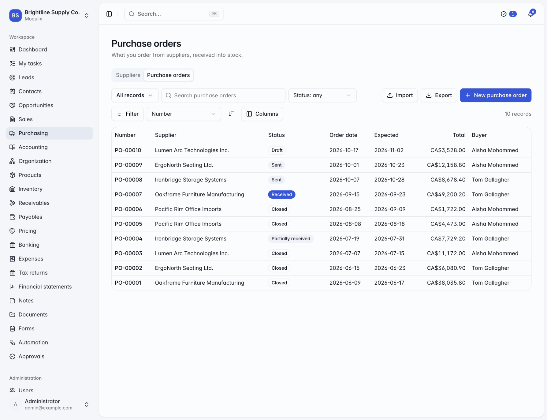 The Purchase orders tab listing orders with number, supplier, status, order date, expected date and total