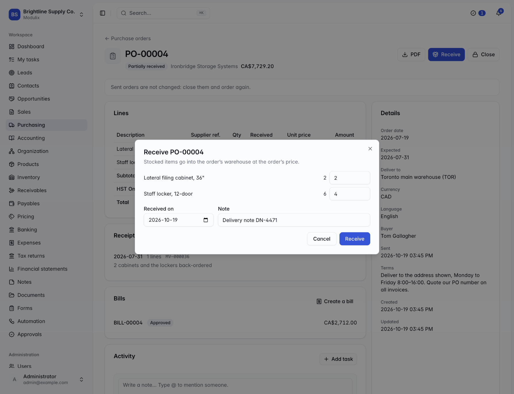 The Receive dialog of a purchase order with the quantity left per line, quantity fields, a Received on date and a note