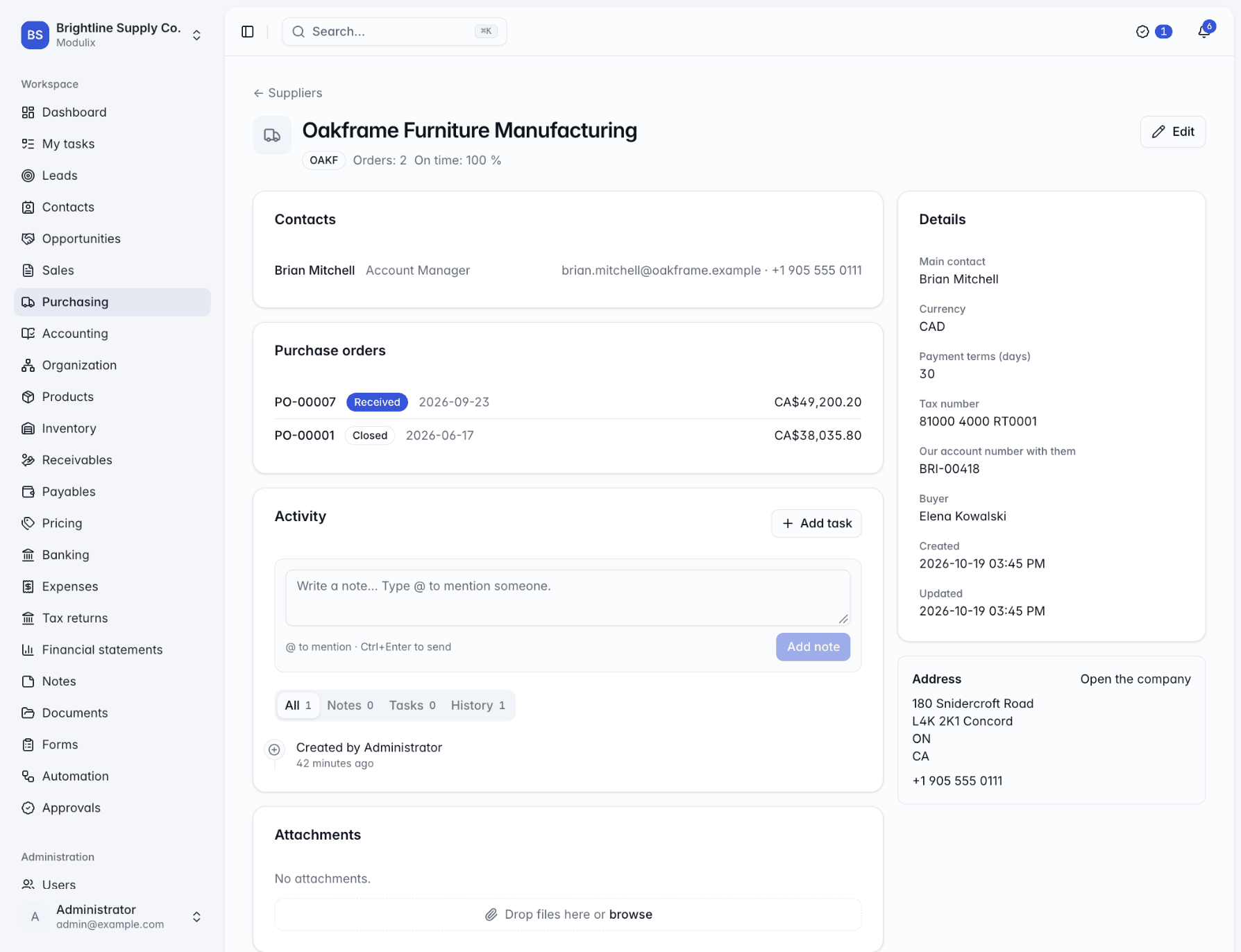 A supplier page showing its contacts, purchase orders and the details card with currency and payment terms