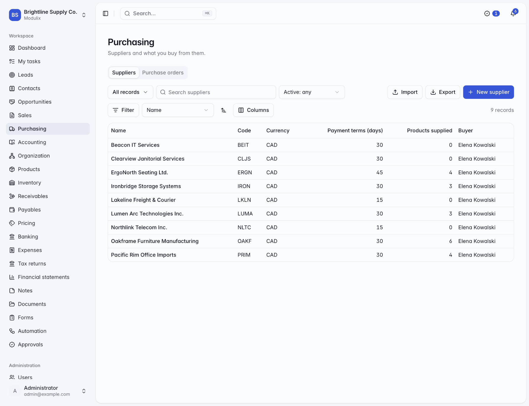 The Suppliers tab of Purchasing, listing suppliers with code, currency, payment terms and number of products supplied