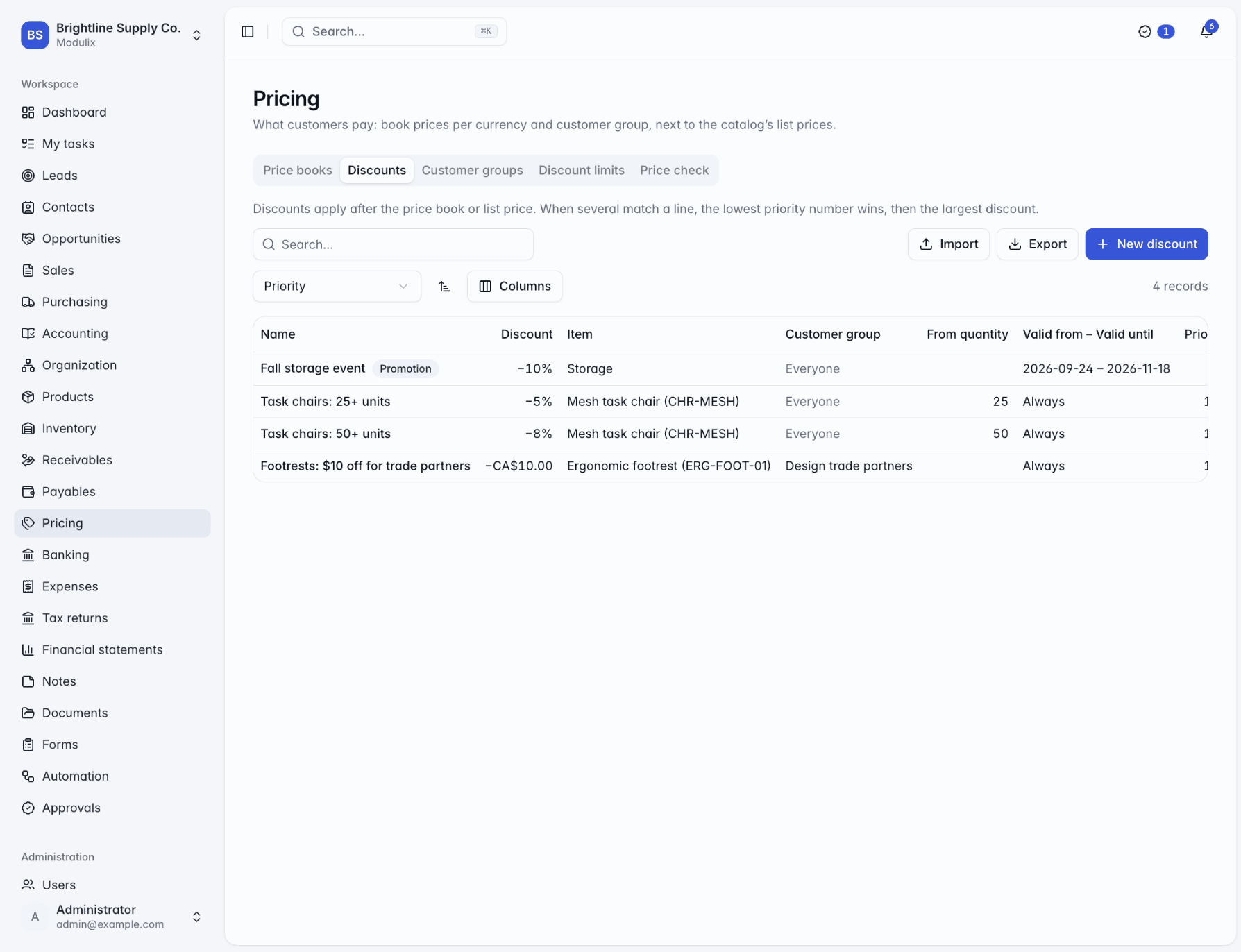 The Discounts tab listing discount rules with their value, item or category, customer group, from-quantity, dates and priority