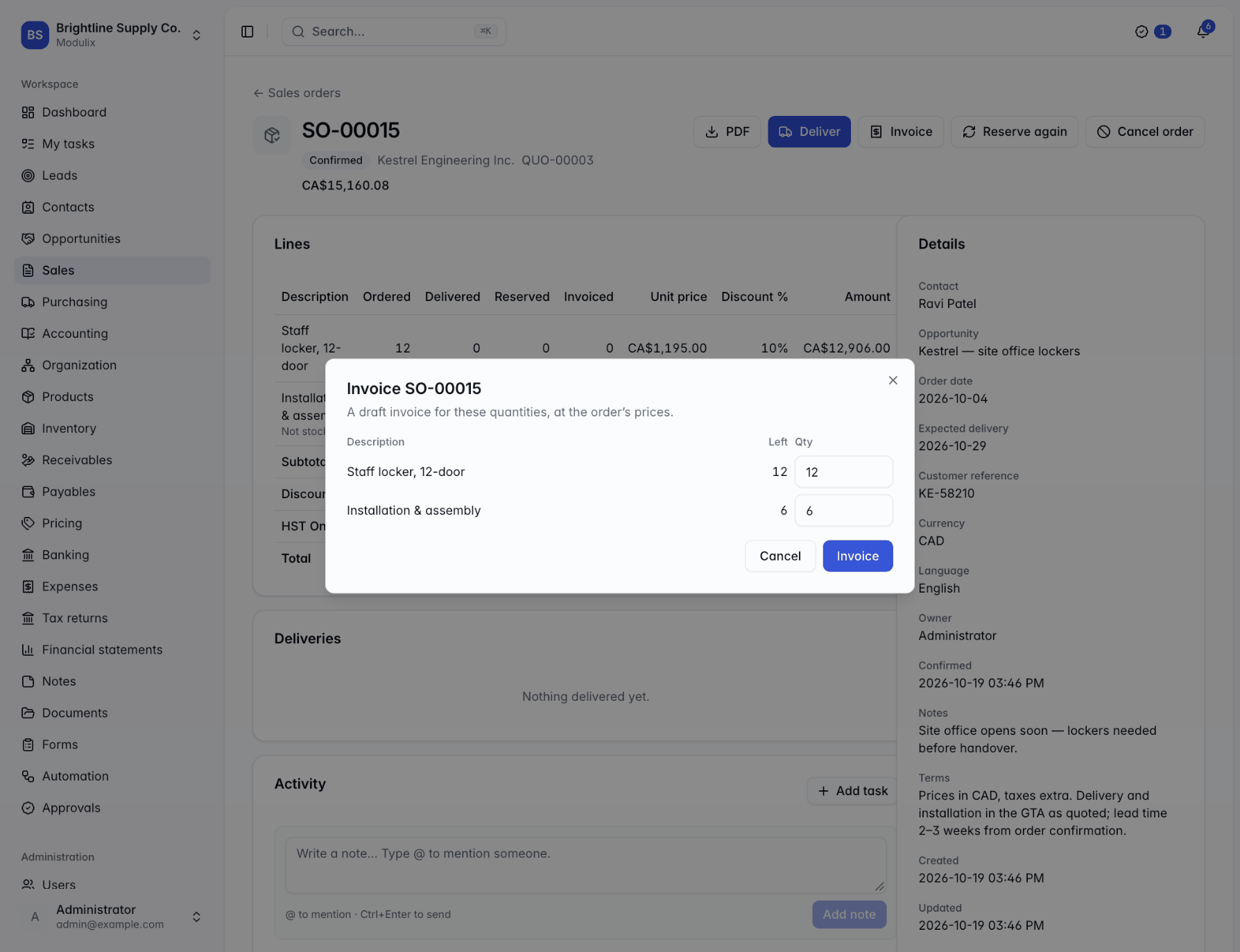 The Invoice dialog on a sales order, listing lines with quantities left to invoice