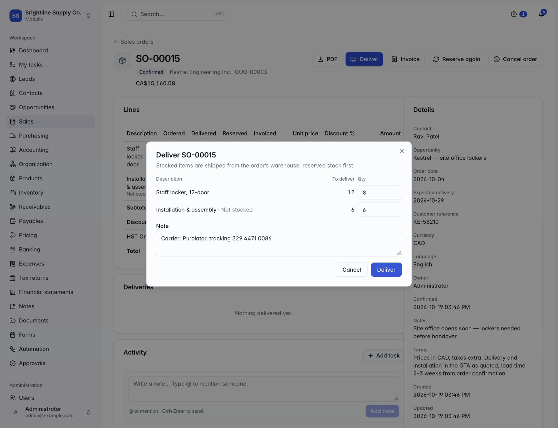 The Deliver dialog listing order lines with quantities left to deliver and quantities to ship now