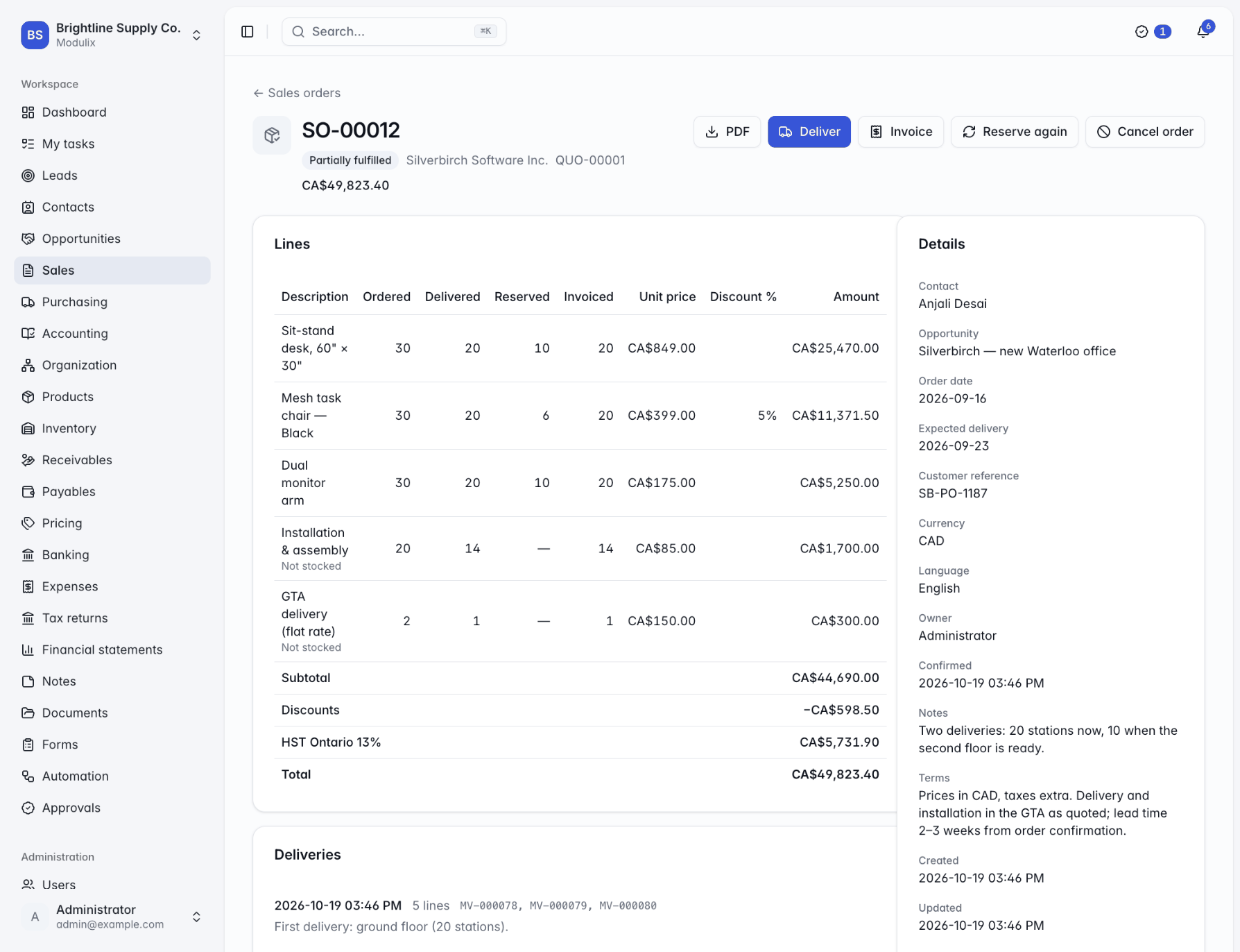 A partially fulfilled sales order showing ordered, delivered, reserved and invoiced quantities and a list of deliveries