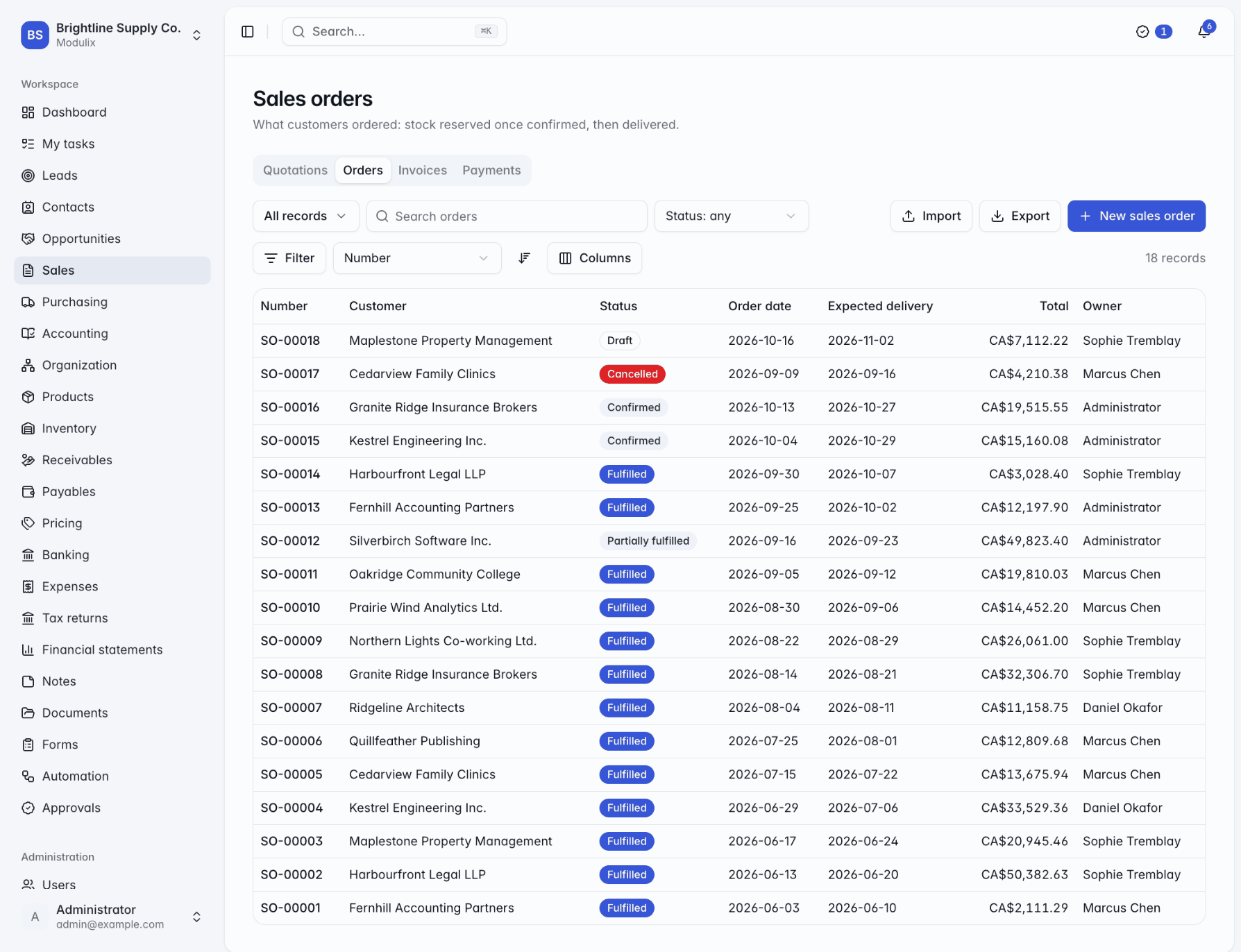The Orders tab of the Sales page, listing sales orders with their status, dates and totals