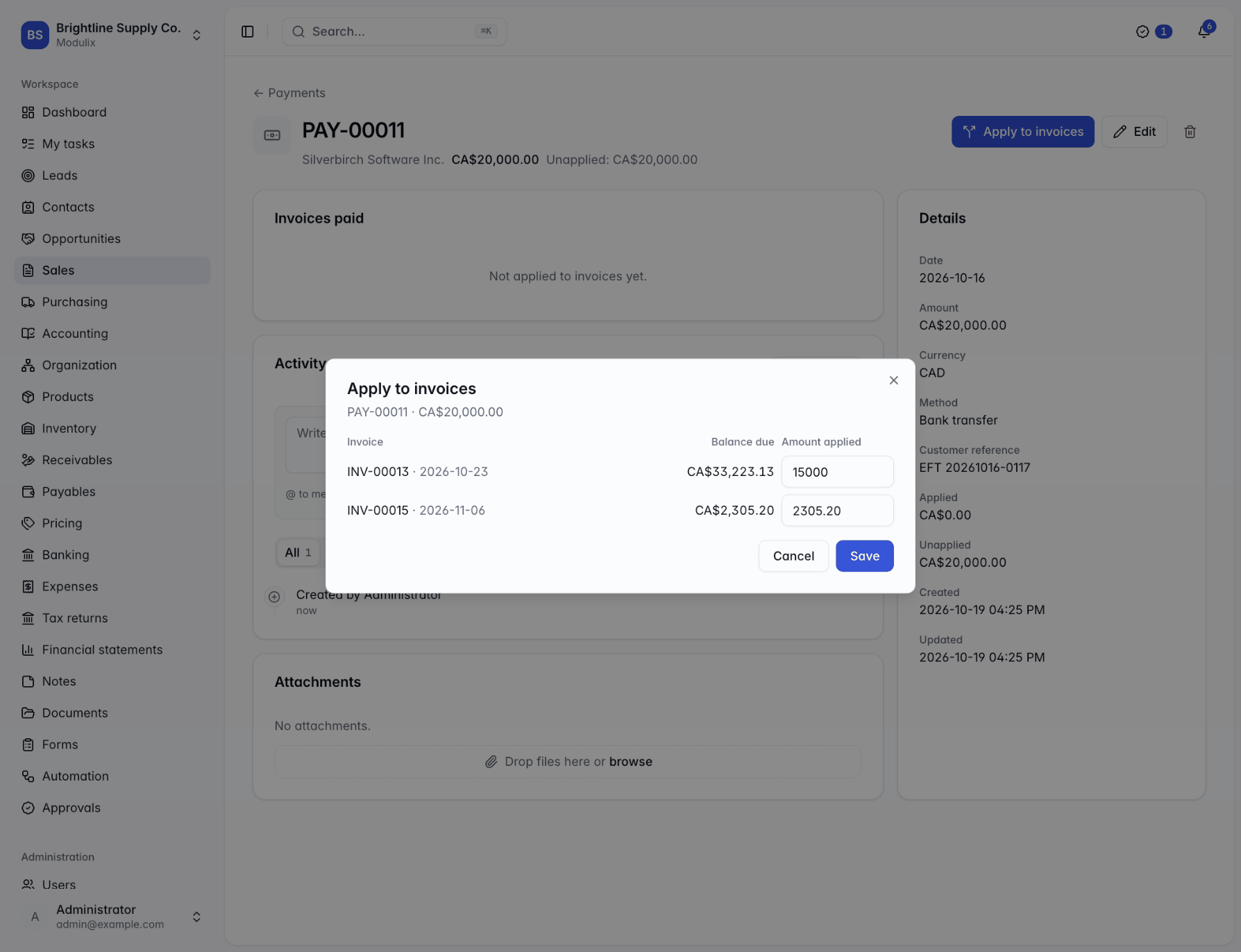 The Apply to invoices dialog listing a customer's open invoices with balance due and amount applied