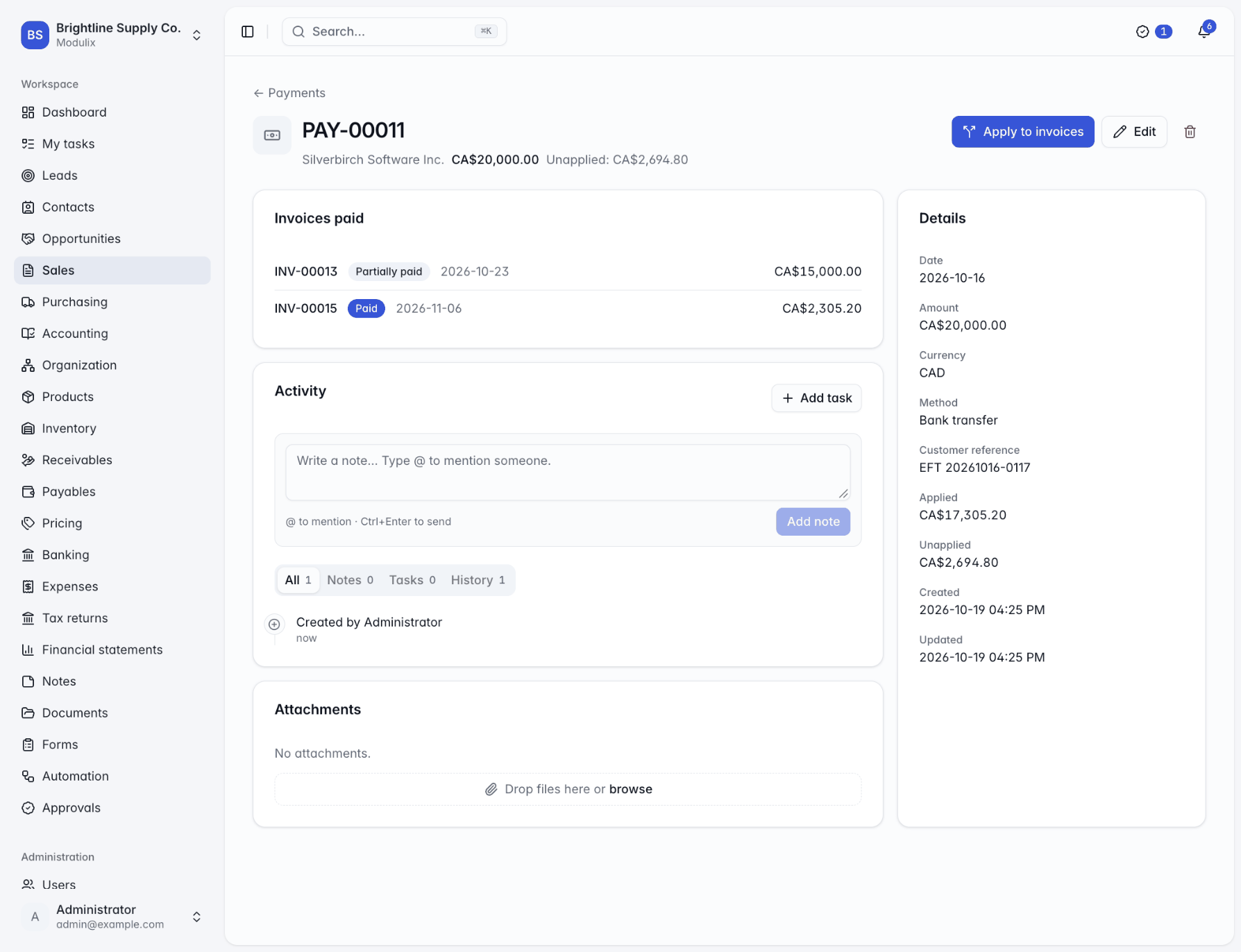 A payment's page showing the invoices it pays, the amounts applied and its unapplied amount
