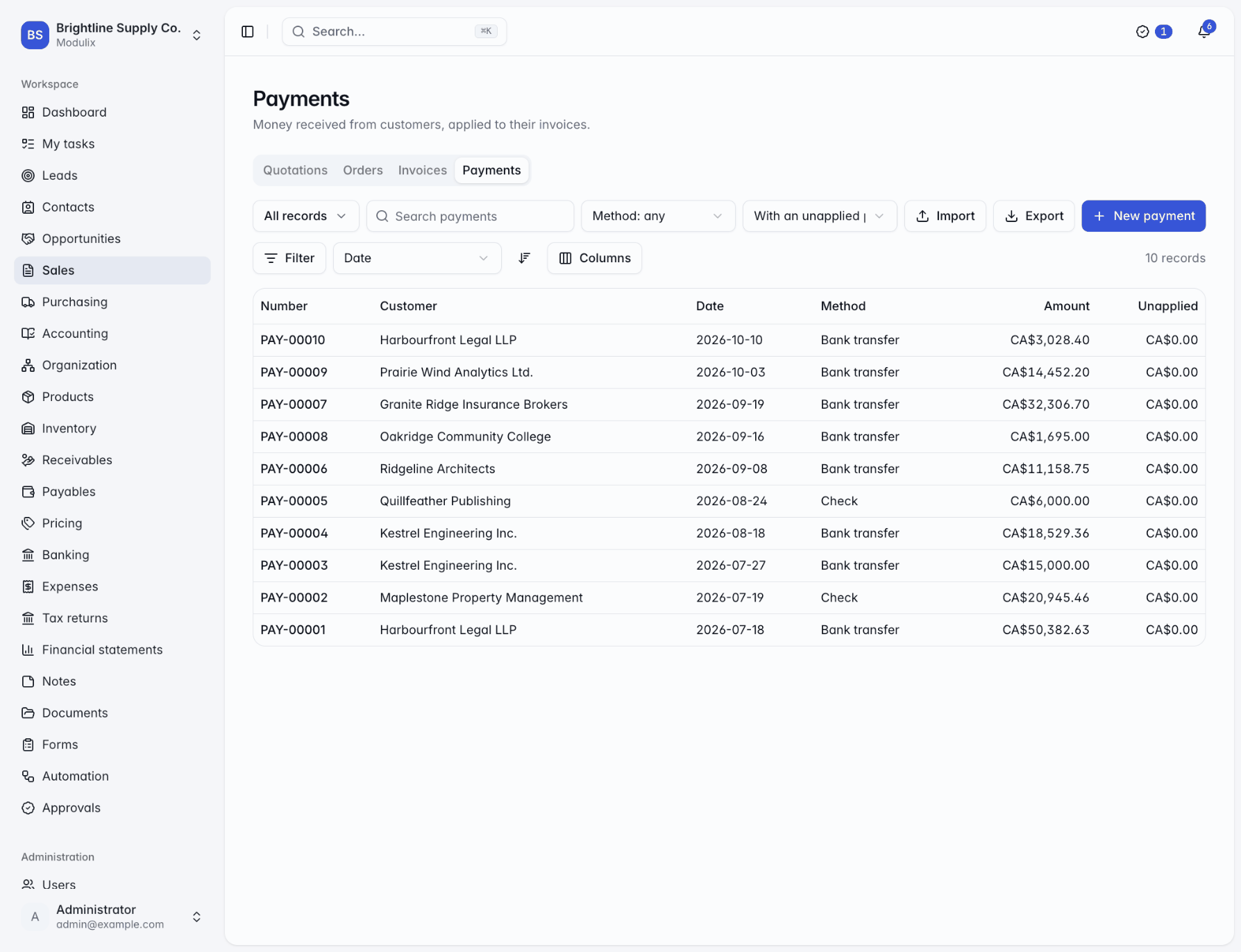The Payments tab listing customer payments with method, amount and unapplied amount