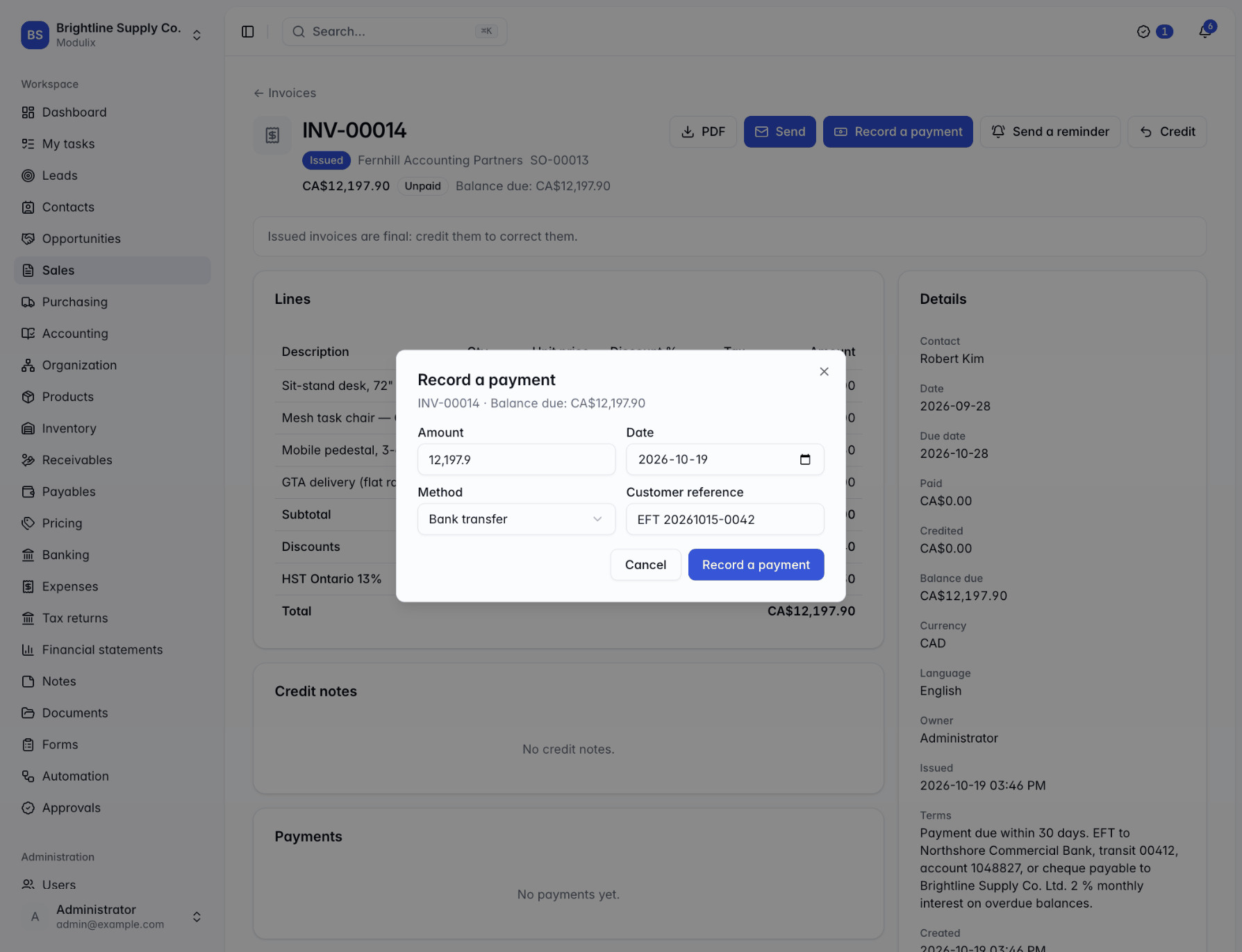 The Record a payment dialog on an invoice with amount, date, method and reference fields