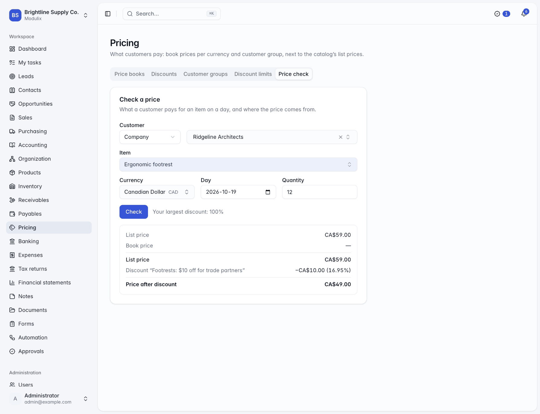 The Price check tab with a customer, item, currency, day and quantity, and the result showing list price, book price, discount and price after discount