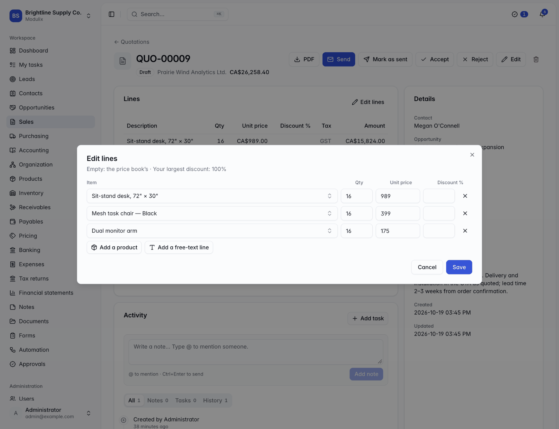 The Edit lines dialog with a catalog product, a free-text line, quantities, prices and discounts