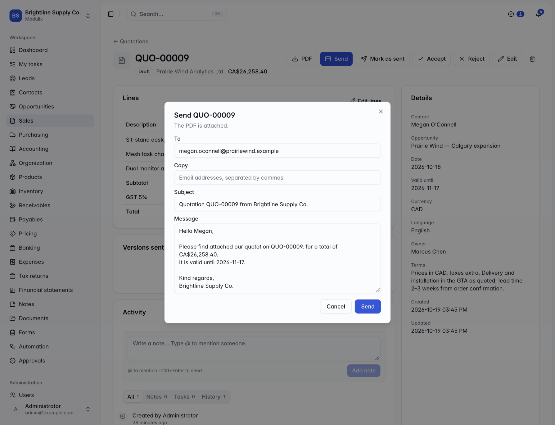 The Send dialog for a quotation, with recipient, copy, subject and message fields
