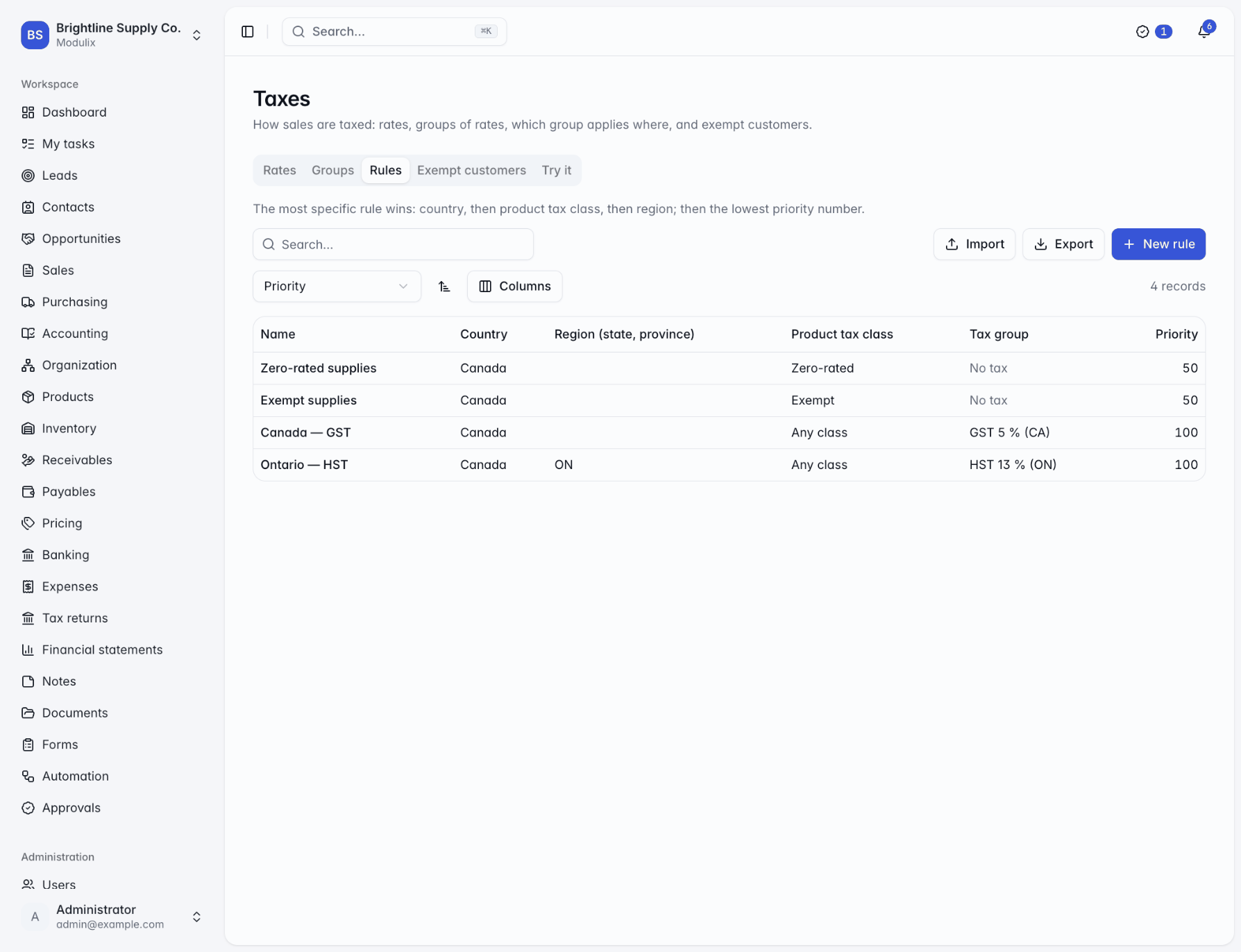 The Rules tab listing rules by country, region and product tax class with the tax group each one charges